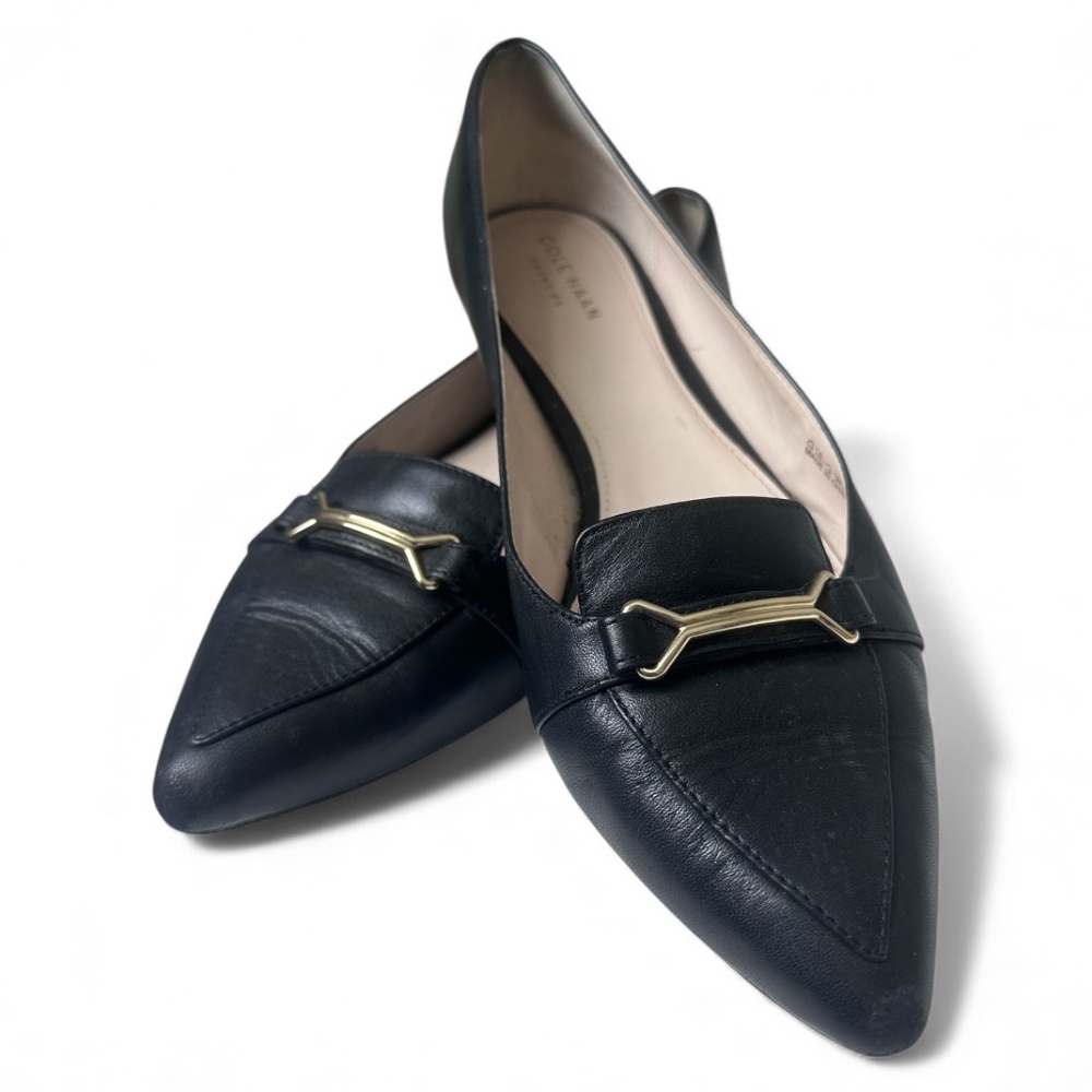 COLE HAAN Grand OS Black Leather Almond Toe Women's 10B Flat With Gold Buckle